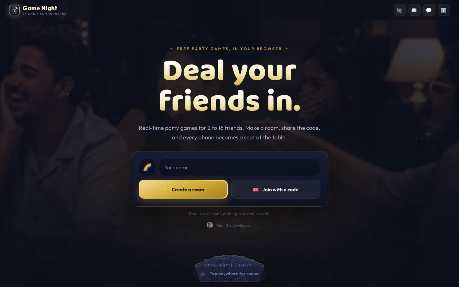 The Game Night landing screen, where a player enters a name and either creates a room or joins with a code