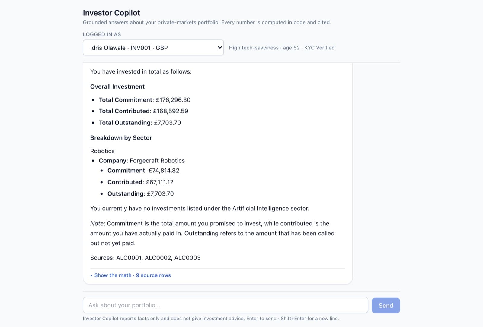 Investor Copilot answering a portfolio question with total commitment, contributed and outstanding amounts broken down by sector, cited sources, and a link to show the math across nine source rows